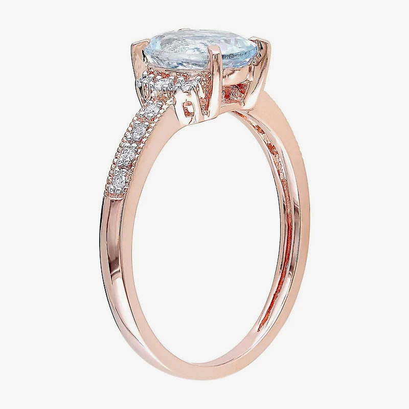 Womens Diamond Accent Genuine Blue Aquamarine 18K Gold Over Silver Oval Engagement Ring