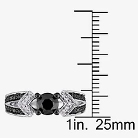 Womens 1 CT.T.W. Color Enhanced Round Black & White Diamond Sterling Silver Engagement Ring
