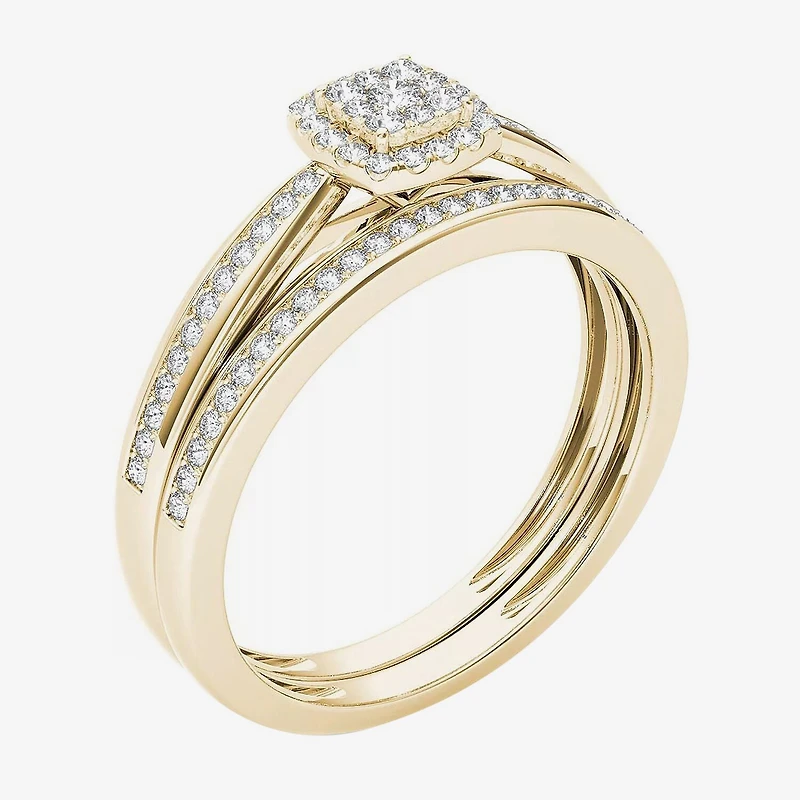 Womens 1/4 CT. T.W. Natural White Diamond 10K Gold Cushion Side Stone Halo Bridal Set