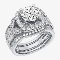 (H-I / Si1-Si2) Womens 3 CT. T.W. Lab Grown White Diamond 14K Gold Cushion Halo Bridal Set
