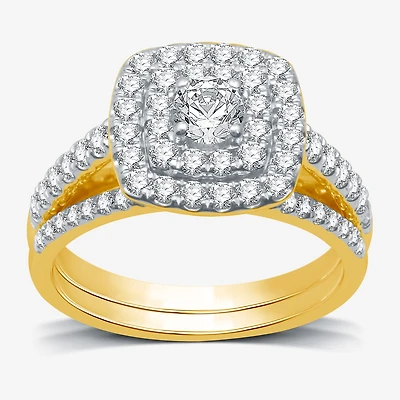 I Said Yes (H-I / I1) Womens 1 CT. T.W. Lab Grown White Diamond Sterling Silver or 14K Gold Over Cushion Side Stone Halo Bridal Set