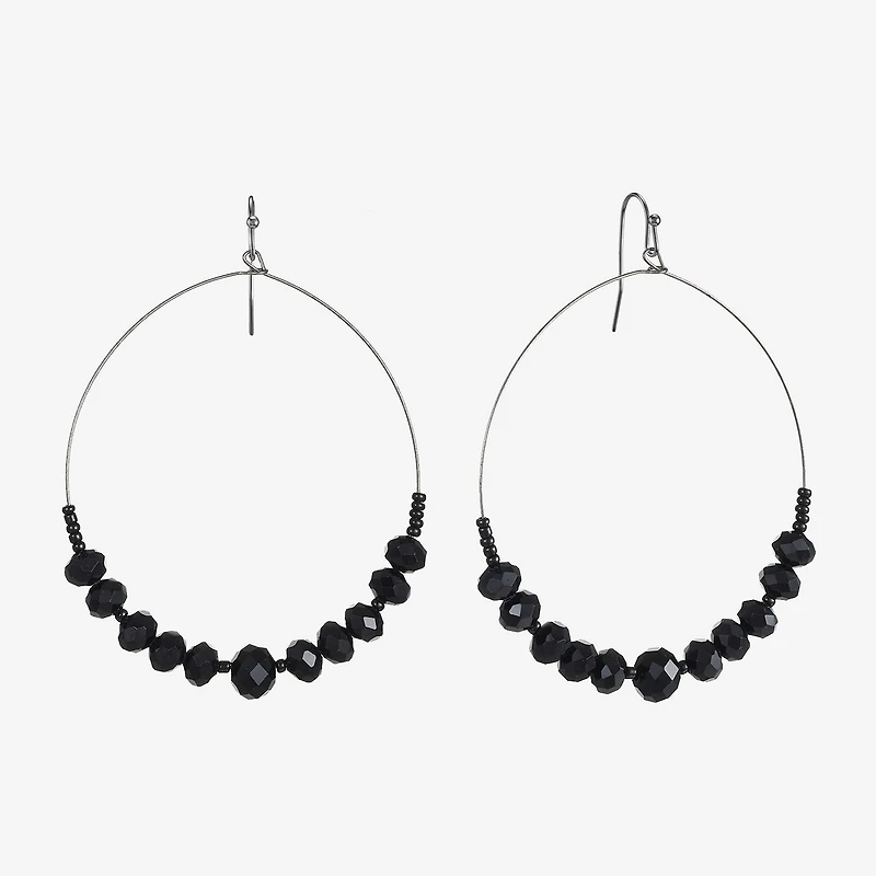 Mixit Grey Toned Jet Black Beaded Womens Black 75mm Hoop Earrings