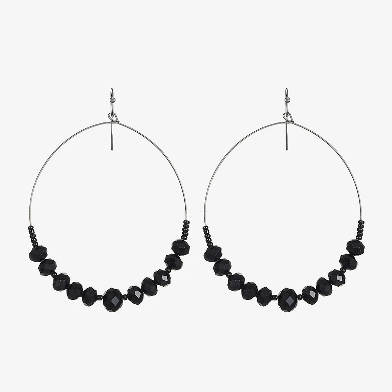 Mixit Grey Toned Jet Black Beaded Womens Black 75mm Hoop Earrings