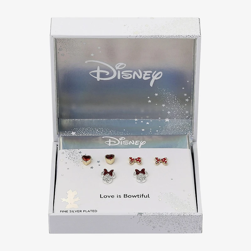 Disney Classics Womens Red Cubic Zirconia 14K Gold Over Brass Bow Minnie Mouse 3 Pair Earring Set