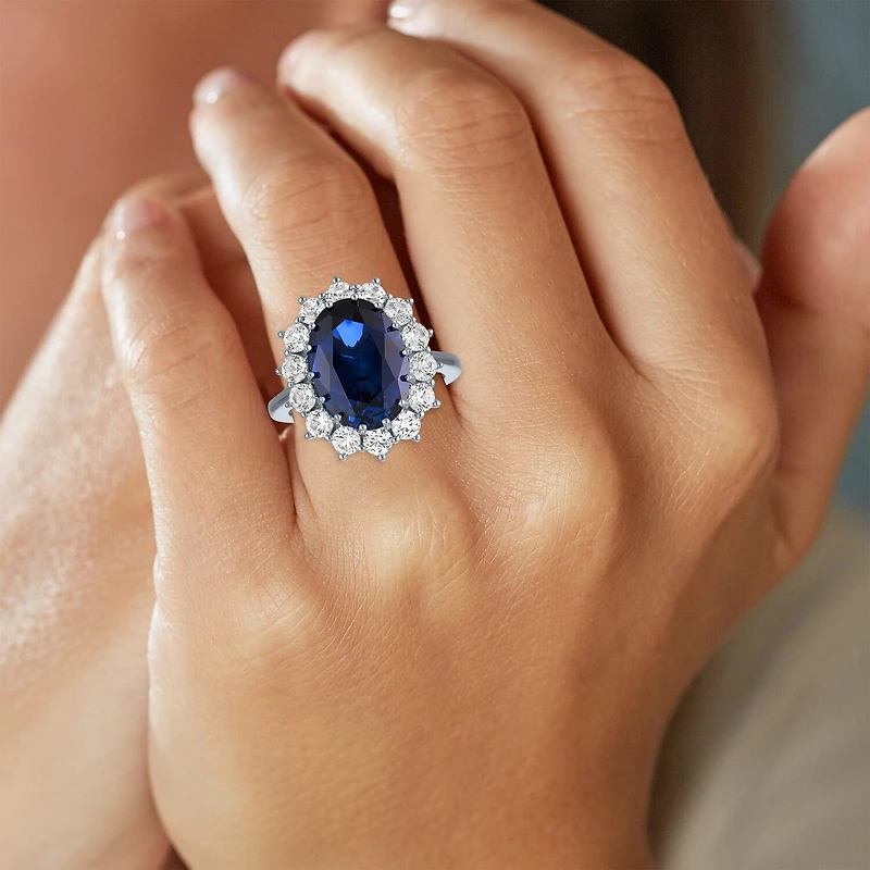 Womens Lab Created Blue Sapphire Sterling Silver Halo Cocktail Ring