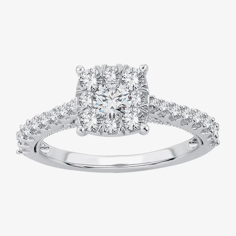 Womens 1 1/ CT. T.W. Natural White Diamond 14K Gold Cushion Side Stone Halo Engagement Ring
