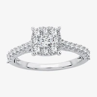 Womens 1 1/ CT. T.W. Natural White Diamond 14K Gold Cushion Side Stone Halo Engagement Ring