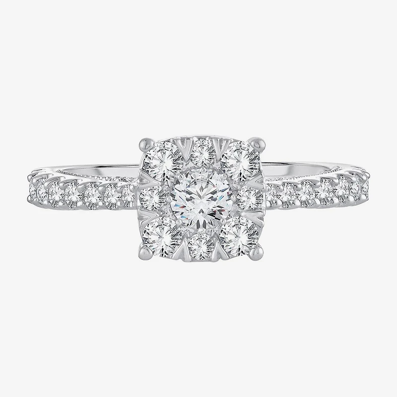 Womens 1 1/ CT. T.W. Natural White Diamond 14K Gold Cushion Side Stone Halo Engagement Ring