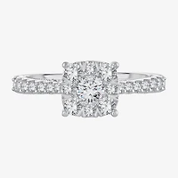 Womens 1 1/ CT. T.W. Natural White Diamond 14K Gold Cushion Side Stone Halo Engagement Ring