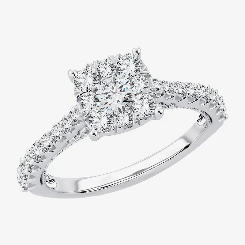 Womens 1 1/ CT. T.W. Natural White Diamond 14K Gold Cushion Side Stone Halo Engagement Ring