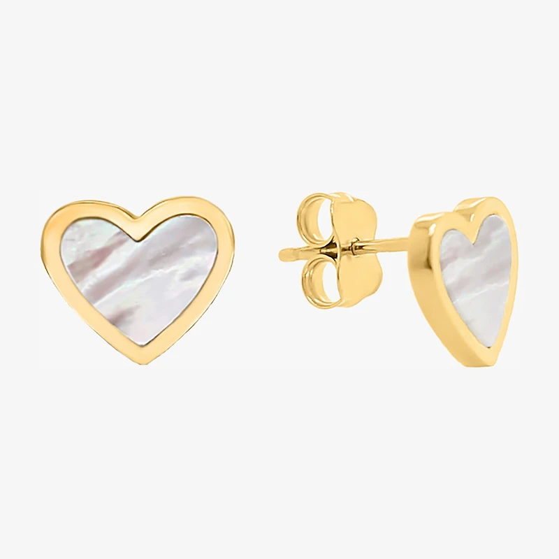 White Mother Of Pearl 14K Gold 9mm Heart Stud Earrings