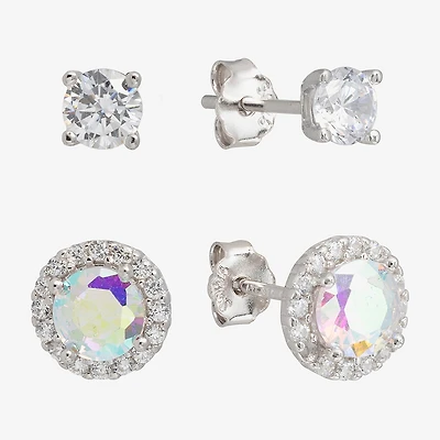 Silver Treasures Stud Womens Cubic Zirconia Sterling Silver 2 Pair Earring Set