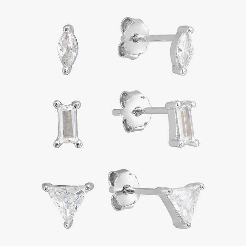 Silver Treasures Stud Womens Cubic Zirconia Sterling Silver Triangle 3 Pair Earring Set