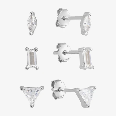 Silver Treasures Stud Womens Cubic Zirconia Sterling Silver Triangle 3 Pair Earring Set
