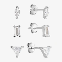 Silver Treasures Stud Womens Cubic Zirconia Sterling Silver Triangle 3 Pair Earring Set
