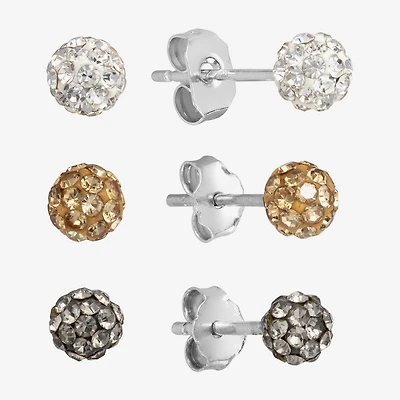 Silver Treasures Stud Womens Multi Color Crystal Sterling Silver 3 Pair Earring Set