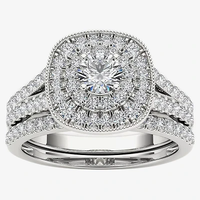 Womens 3/4 CT. T.W. Natural White Diamond 14K Gold Cushion Side Stone Halo Bridal Set