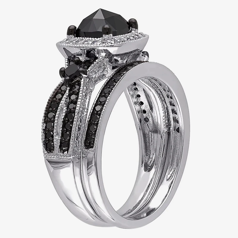 Womens 1 1/2 CT.T.W. Color Enhanced Black & White Diamond Sterling Silver Bridal Set