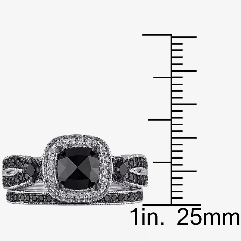 Womens 1 1/2 CT.T.W. Color Enhanced Black & White Diamond Sterling Silver Bridal Set