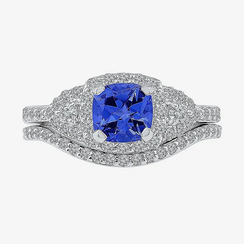 Modern Bride Gemstone Womens Blue & White Lab Created Sapphire Sterling Silver Bridal Set