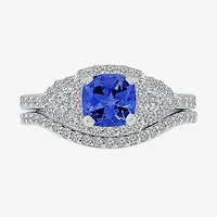 Modern Bride Gemstone Womens Blue & White Lab Created Sapphire Sterling Silver Bridal Set