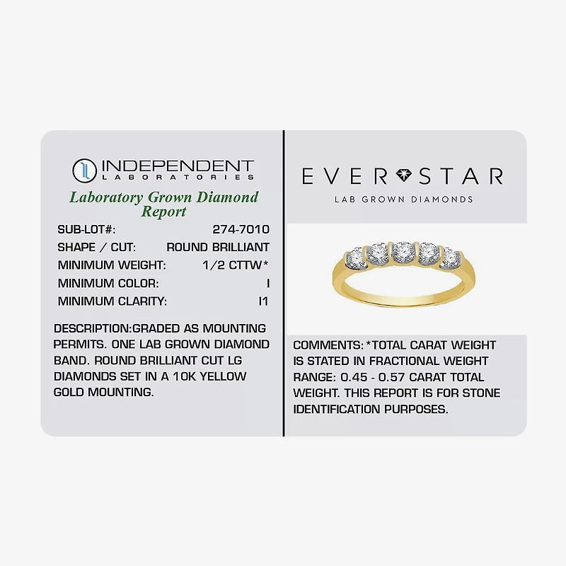 (H-I / I1) Womens 1/2 CT. T.W. Lab Grown White Diamond 10K Gold 5-Stone Anniversary Band