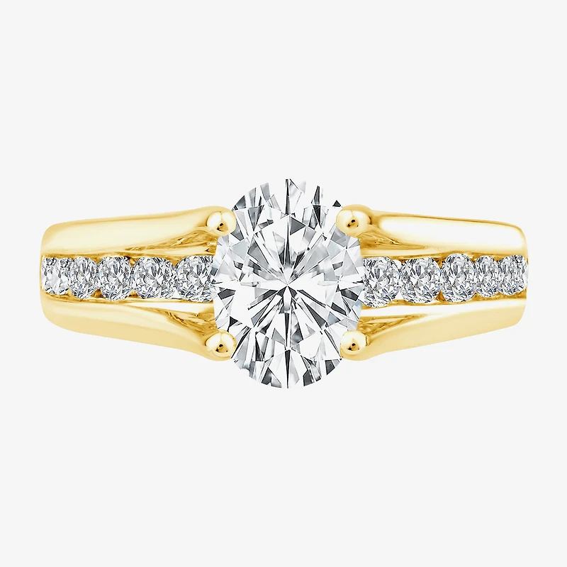 (F,Vs2) Womens 2 CT. T.W. Lab Grown White Diamond 10K Gold Oval Side Stone Engagement Ring