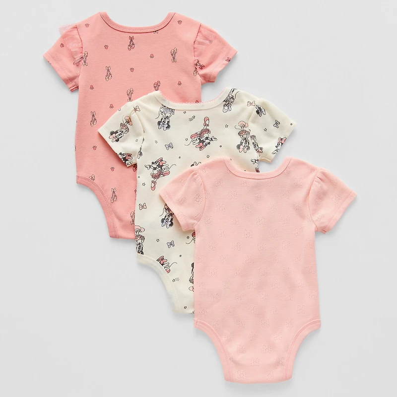 Baby Girls Minnie Mouse Crew Neck Short Sleeve 3-pc. Bodysuit