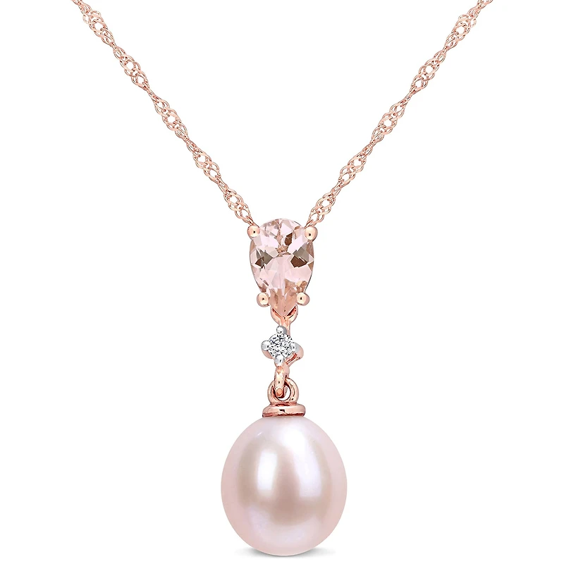 Womens Diamond Accent Dyed Pink Cultured Freshwater Pearl 10K Gold 17 Inch Pendant Necklace