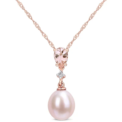 Womens Diamond Accent Dyed Pink Cultured Freshwater Pearl 10K Gold 17 Inch Pendant Necklace