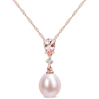 Womens Diamond Accent Dyed Pink Cultured Freshwater Pearl 10K Gold 17 Inch Pendant Necklace