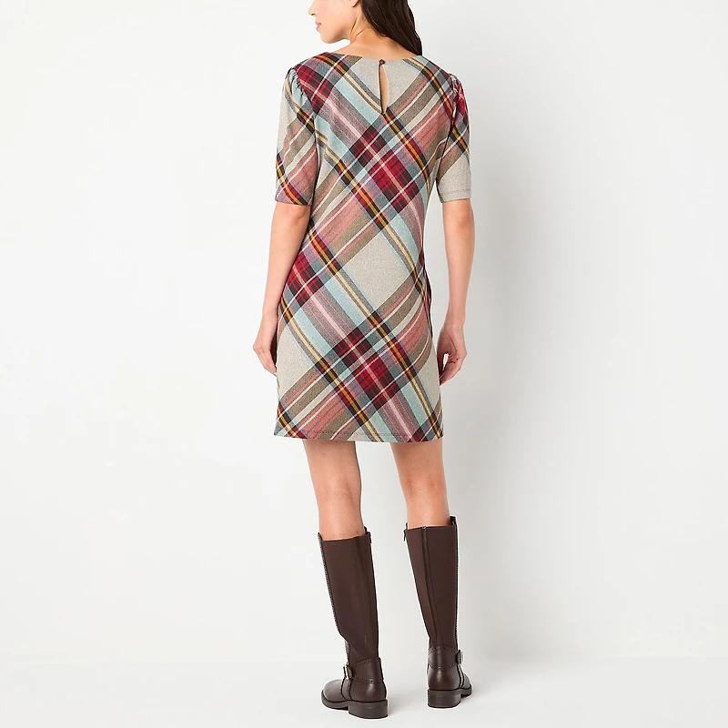 R & K Originals Womens Round Neck Short Sleeve Plaid Shift Dress