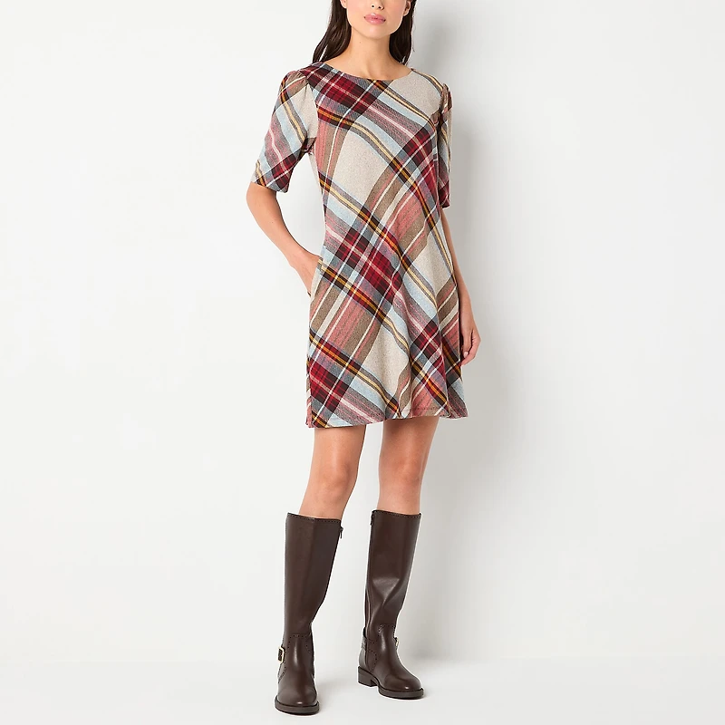 R & K Originals Womens Round Neck Short Sleeve Plaid Shift Dress
