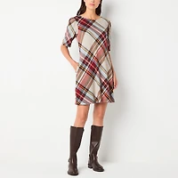 R & K Originals Womens Round Neck Short Sleeve Plaid Shift Dress