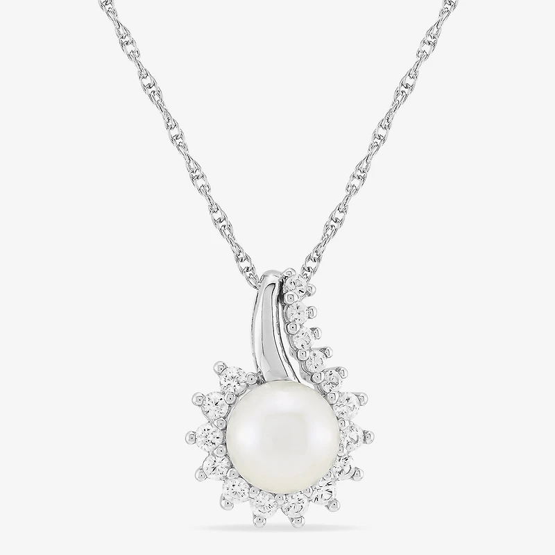 Womens White Cultured Freshwater Pearl Sterling Silver Cushion 18 Inch Pendant Necklace