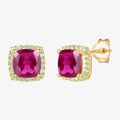 Lab Created Red Ruby 14K Gold Over Silver 6.5mm Cushion Stud Earrings