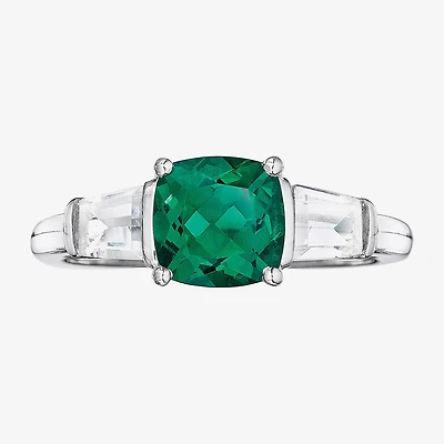 Simulated Emerald & Lab-Created White Sapphire Sterling Silver 3-Stone Ring
