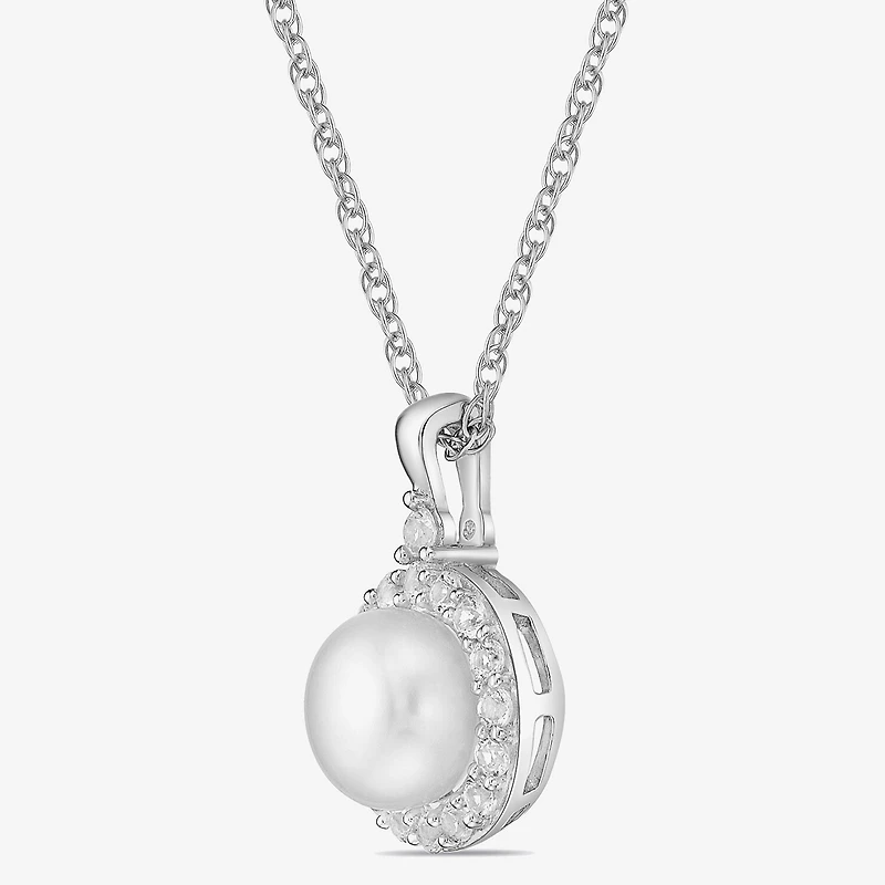 Womens Cultured Freshwater Pearl & Lab-Created Sapphire Sterling Silver Pendant Necklace