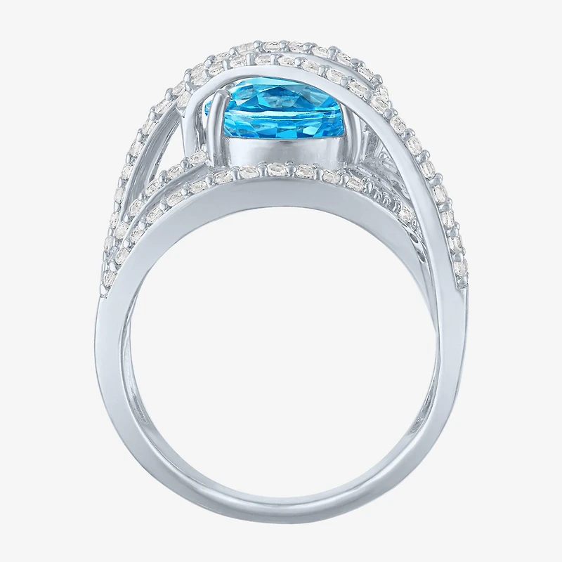 Womens Genuine Blue Topaz & Lab-Created White Sapphires Sterling Silver Cocktail Ring