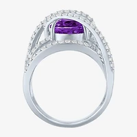 Womens Genuine Purple Amethyst Sterling Silver Cocktail Ring