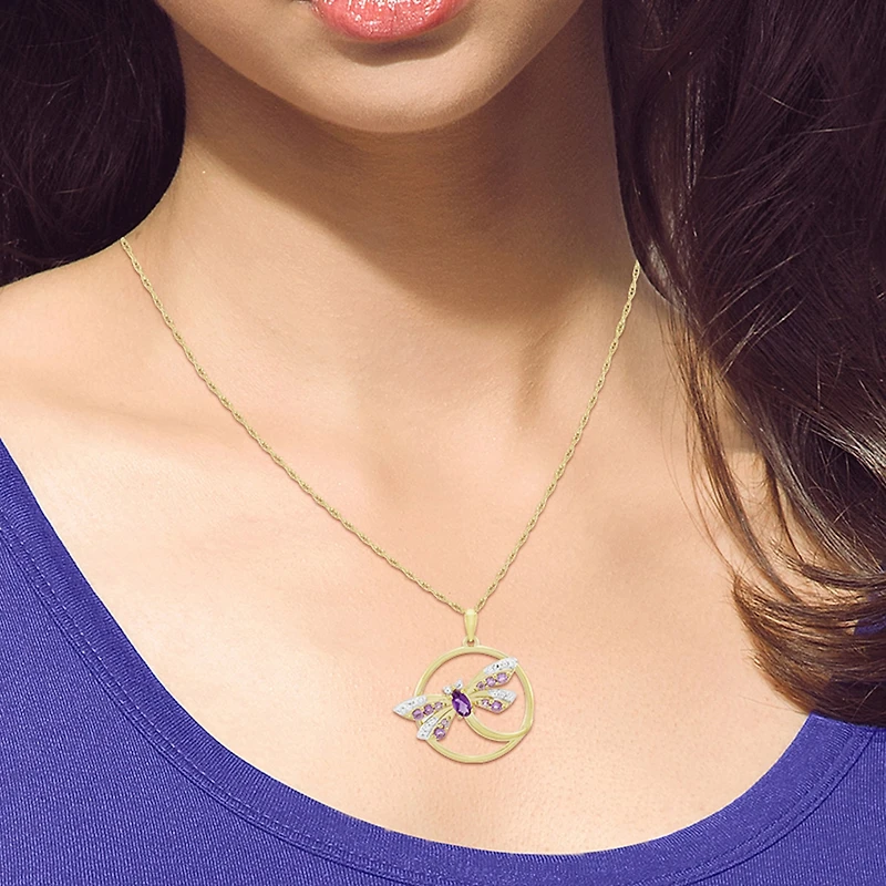 "Dragonfly" Womens Genuine Purple Amethyst 14K Gold Over Silver 18 Inch Pendant Necklace