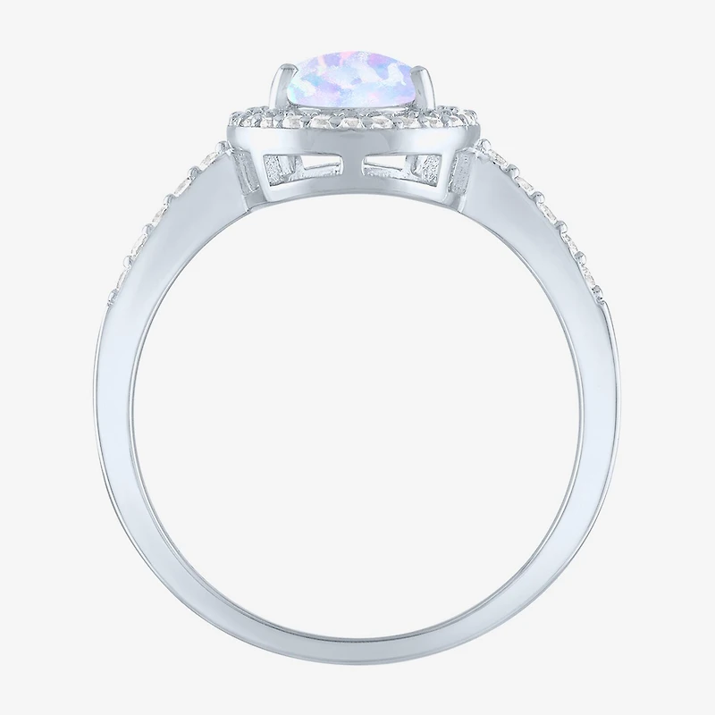 Yes, Please! Womens Lab Created White Opal Sterling Silver Pear Halo Cocktail Ring