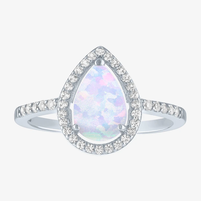 Yes, Please! Womens Lab Created White Opal Sterling Silver Pear Halo Cocktail Ring