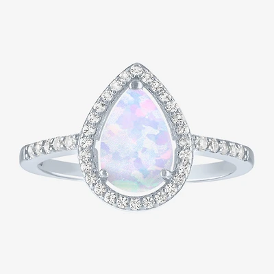 Yes, Please! Womens Lab Created White Opal Sterling Silver Pear Halo Cocktail Ring