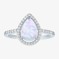 Yes, Please! Womens Lab Created White Opal Sterling Silver Pear Halo Cocktail Ring