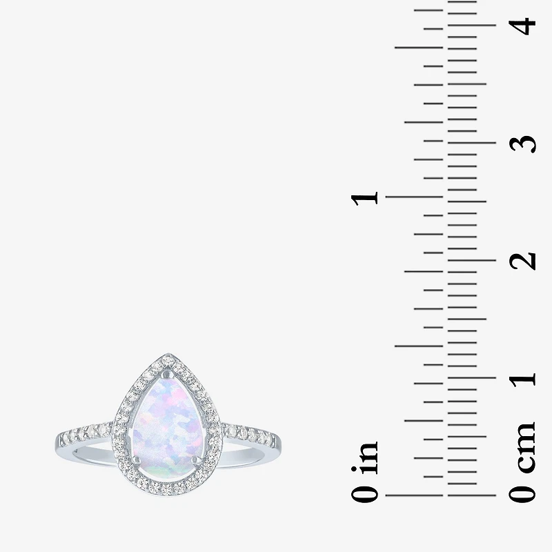 Yes, Please! Womens Lab Created White Opal Sterling Silver Pear Halo Cocktail Ring