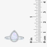 Yes, Please! Womens Lab Created White Opal Sterling Silver Pear Halo Cocktail Ring