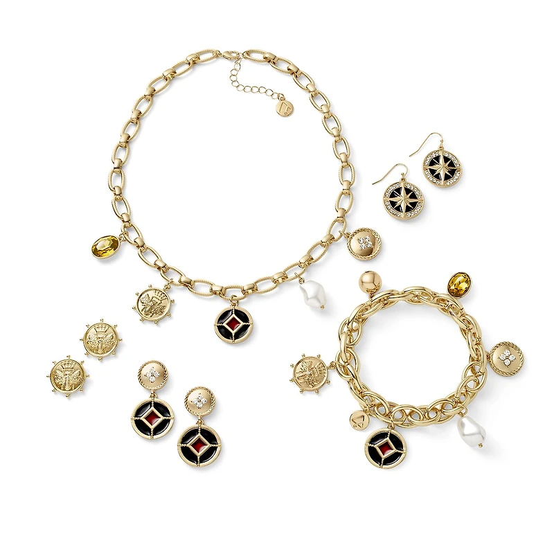 Liz Claiborne Gold Tone Nautical Womens Glass Simulated Pearl Charm Bracelet