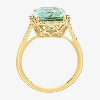 Effy Final Call Limited Quantities! Womens 1/5 CT. Genuine Green Amethyst 14K Gold Cushion Halo Side Stone Cocktail Ring