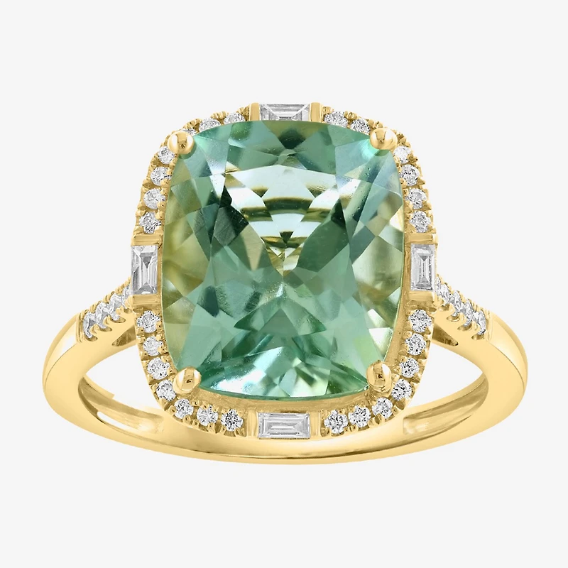 Effy Final Call Limited Quantities! Womens 1/5 CT. Genuine Green Amethyst 14K Gold Cushion Halo Side Stone Cocktail Ring